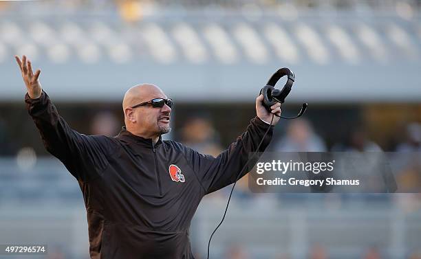 Head Coach Mike Pettine of the Cleveland Browns disputes a call during the 2nd half of the game against the Pittsburgh Steelers at Heinz Field on...