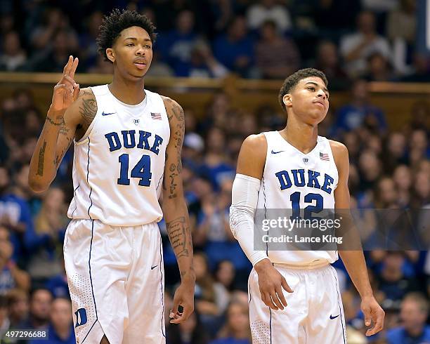 Brandon Ingram and Derryck Thornton of the Duke Blue Devils in action against the Bryant Bulldogs at Cameron Indoor Stadium on November 14, 2015 in...