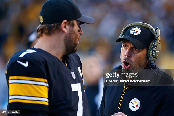 Ben Roethlisberger and Offensive Coordinator Todd Haley of the Pittsburgh Steelers talk on the sideline during the 4th quarter of the game at Heinz...