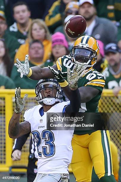 Darius Slay of the Detroit Lions breaks up a pass intended for James Jones of the Green Bay Packers in the fourth quarter at Lambeau Field on...