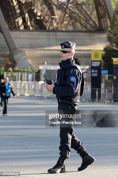 The Eiffel tower is closed for security reasons and guarded by police following Friday's terrorist attack on November 15, 2015 in Paris, France. As...