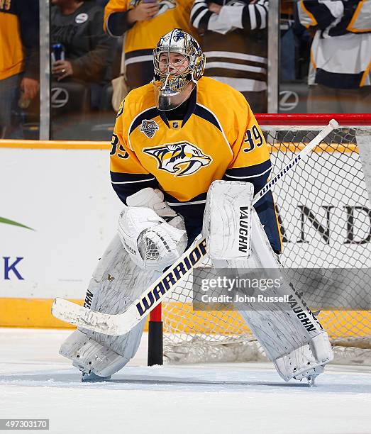 Marek Mazanec of the Nashville Predators warms up against the Ottawa Senators during an NHL game at Bridgestone Arena on November 10, 2015 in...