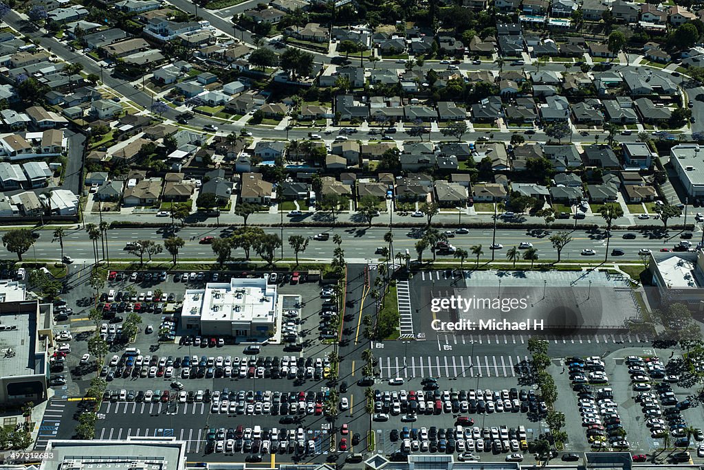 An aerial view of a typical suburban neighborhood