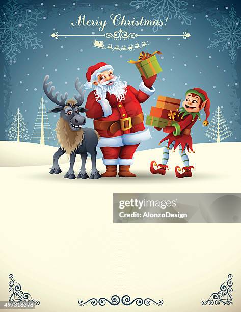 christmas scene - father christmas and elves stock illustrations