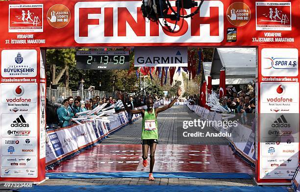 Kenyan athlete Silah Limo passes the finish line and gets the third place in the men's category during the 37th Vodafone Istanbul Marathon, one of...