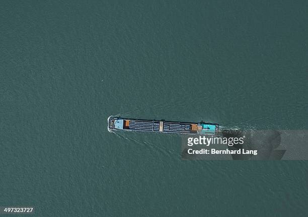 aerial view of transport ship on river - aachen 2017 prize of north rhine westphalia stockfoto's en -beelden