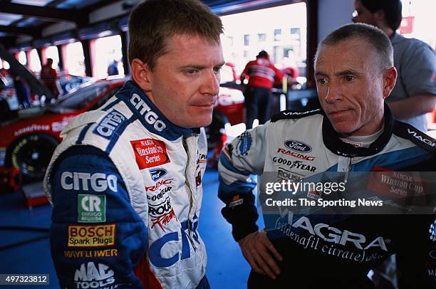 Mark Martin looks on during the Aarons 499 on April 19, 2002.