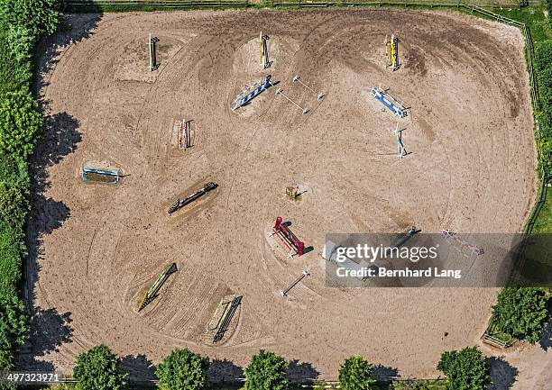 aerial view of horse show-jumping course - assault courses stock pictures, royalty-free photos & images