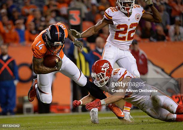 Cody Latimer of the Denver Broncos gets the ball inside the 5 yard line in the fourth quarter. The Broncos played the Kansas City Chiefs at Sports...