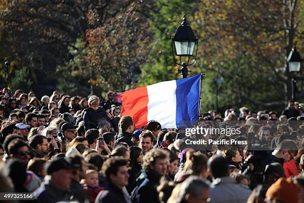 French flag, the Tricolour, flies amid the mass assembled at Washington Square Park. A day that began with a rally at Washington Square Park...