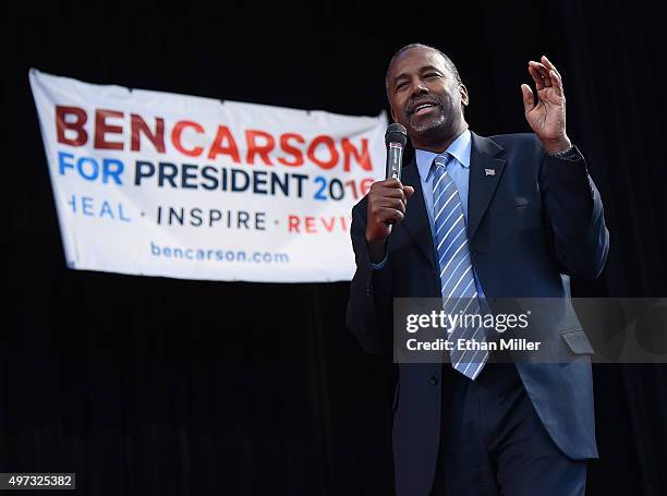 Republican presidential candidate Ben Carson speaks during a campaign rally at the Henderson Pavilion on November 15, 2015 in Henderson, Nevada....