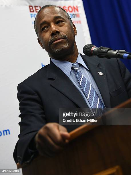 Republican presidential candidate Ben Carson speaks to members of the media after a campaign rally at the Henderson Pavilion on November 15, 2015 in...
