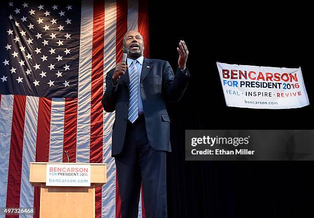 Republican presidential candidate Ben Carson speaks during a campaign rally at the Henderson Pavilion on November 15, 2015 in Henderson, Nevada....