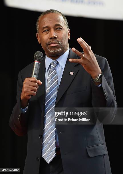 Republican presidential candidate Ben Carson speaks during a campaign rally at the Henderson Pavilion on November 15, 2015 in Henderson, Nevada....