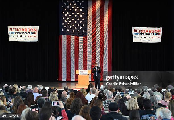 Republican presidential candidate Ben Carson speaks during a campaign rally at the Henderson Pavilion on November 15, 2015 in Henderson, Nevada....