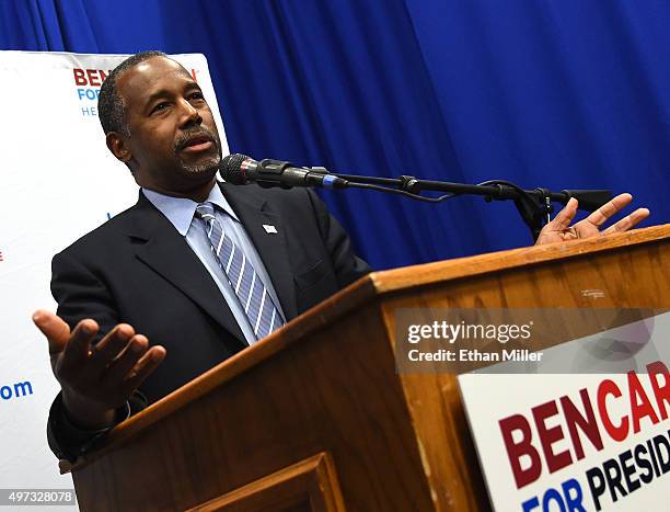 Republican presidential candidate Ben Carson speaks to members of the media after a campaign rally at the Henderson Pavilion on November 15, 2015 in...