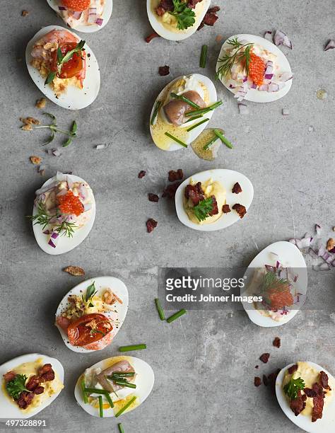 stuffed eggs on grey background, sweden - appetizer stockfoto's en -beelden