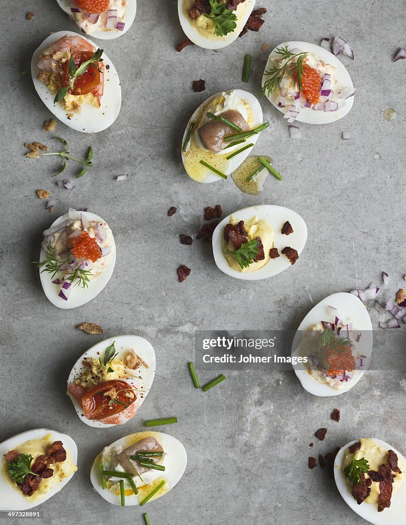 Stuffed eggs on grey background, Sweden