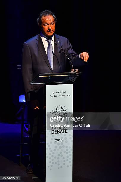 Governor of Buenos Aires and presidential candidate for Frente para la Victoria Daniel Scioli speaks during the Presidential Debate 'Argentina...