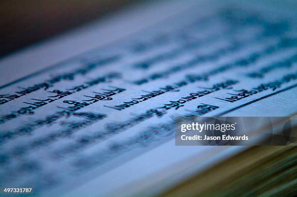 ancient sanskrit text on the parchment of a buddhist monk performing a death ceremony. - ボンゴ ストックフォトと画像