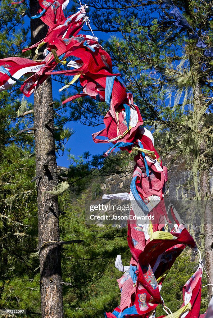 Bright red prayer flags flapping in the breeze on a Himalaya mountainside.