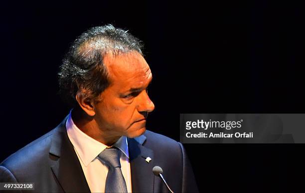 Governor of Buenos Aires and presidential candidate for Frente para la Victoria Daniel Scioli looks on during the Presidential Debate 'Argentina...