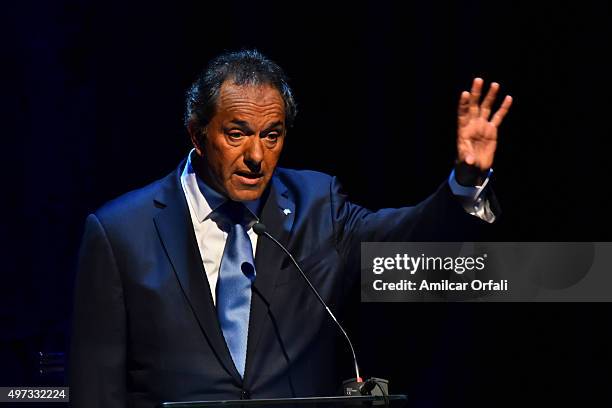 Governor of Buenos Aires and presidential candidate for Frente par la Victoria Daniel Scioli speaks during the Presidential Debate 'Argentina Debate'...