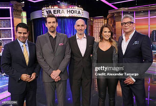 Cesar Conde, Eduardo Videgaray, Luis Silberwasser, Erika de la Vega and Boris Izaguirre are seen on the set of "Ya Era Hora" at Cisneros Studios on...