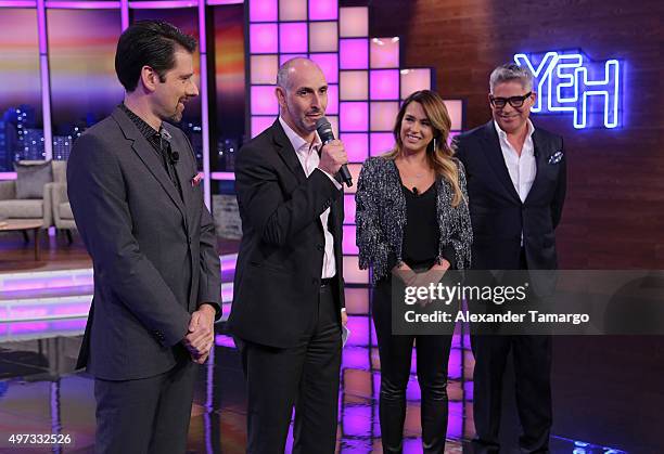 Eduardo Videgaray, Luis Silberwasser, Erika de la Vega and Boris Izaguirre are seen on the set of "Ya Era Hora" at Cisneros Studios on November 12,...