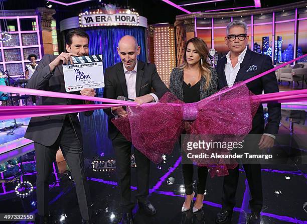Eduardo Videgaray, Luis Silberwasser, Erika de la Vega and Boris Izaguirre are seen on the set of "Ya Era Hora" at Cisneros Studios on November 12,...