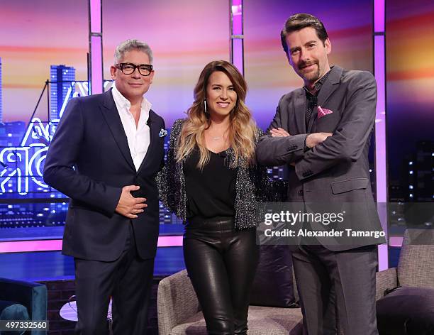 Boris Izaguirre, Erika de la Vega and Eduardo Videgaray are seen on the set of "Ya Era Hora" at Cisneros Studios on November 12, 2015 in Miami,...