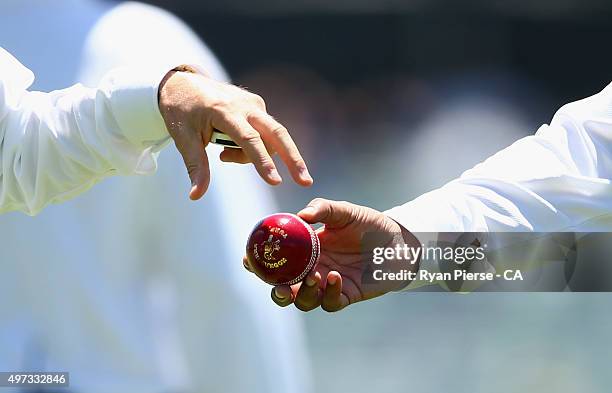 The Kookaburra ball is seen during day four of the second Test match between Australia and New Zealand at WACA on November 16, 2015 in Perth,...