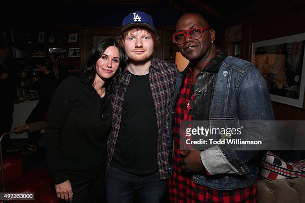 Actress Courteney Cox, recording artist Ed Sheeran and producer Randy Jackson attend Rock4EB! 2015 with Ed Sheeran and David Spade on November 15,...