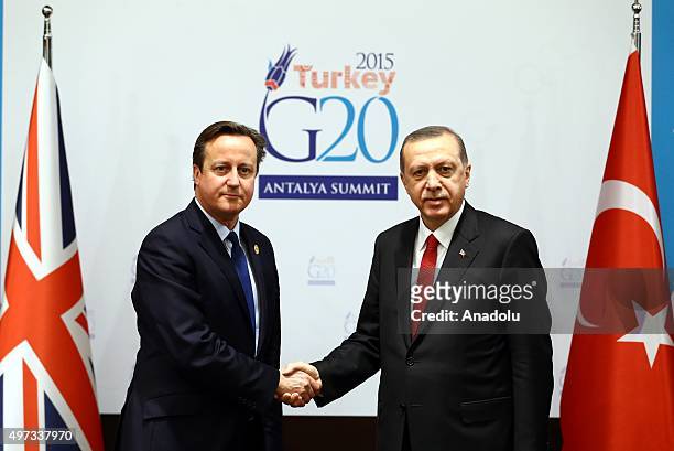 Turkish President Recep Tayyip Erdogan holds a bilateral meeting with British Prime Minister David Cameron on the sidelines of the G20 Turkey Leaders...