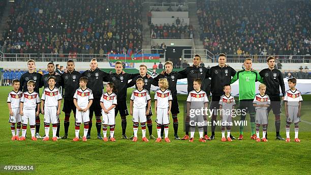 Team Germany lines up for the national anthem during the 2017 UEFA European U21 Championships Qualifier between U21 Germany and U21 Azerbaijan at...
