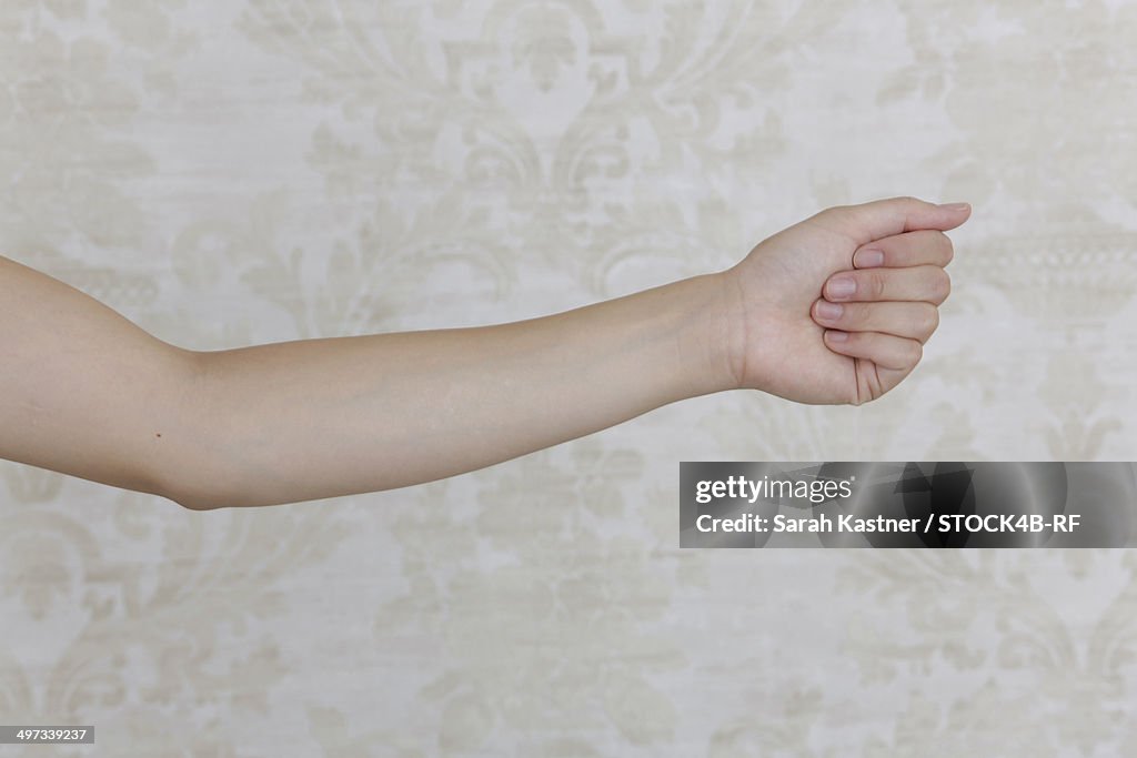 Arm of a woman in front of patterned wallpaper