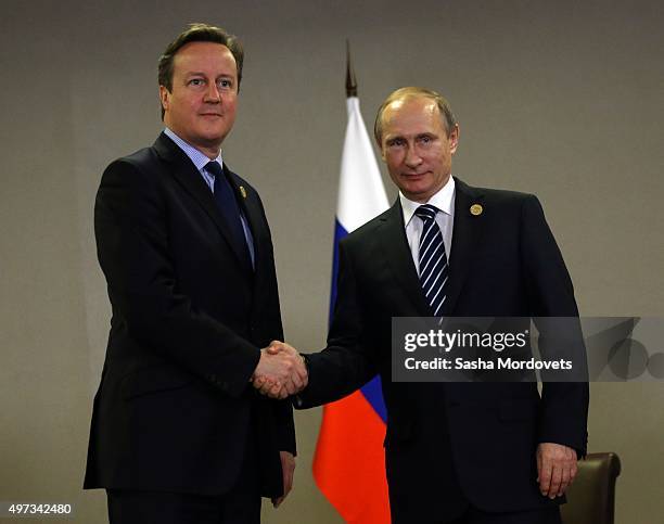 Russian President Vladimir Putin and British Prime Minister David Cameron attend a bilateral meeting during the G20 Antalya Summit on November 16,...