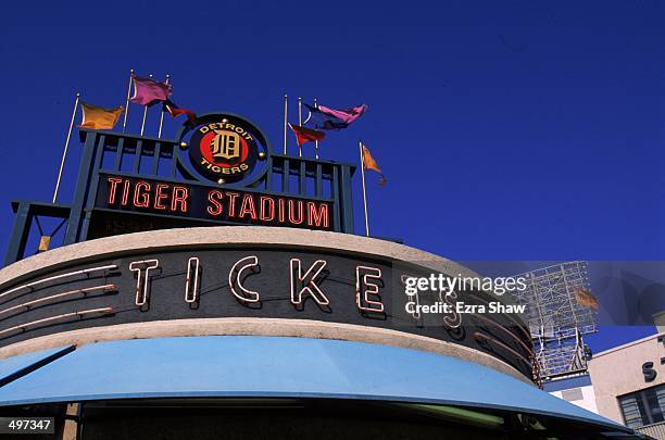 General view of the Tiger Stadium sign and ticket stand taken during the last game played at the Tiger Stadium against the Kansas City Royals in...