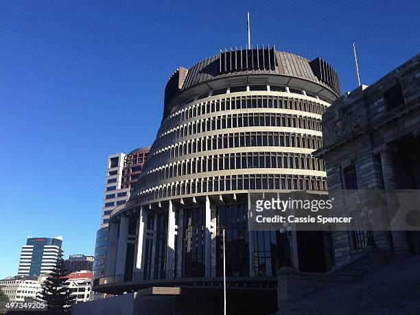 General view of the Beehive, executive wing of Parliament, in Wellington, New Zealand