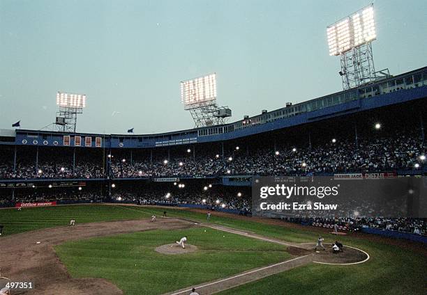 Wide shot of the last pitch at Tiger Stadium during the last game played at the Tiger Stadium against the Kansas City Royals in Detroit, Michigan....