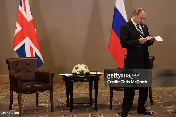 Russian President Vladimir Putin waits for the arrival of British Prime Minister David Cameron ahead of their bilateral meeting on day two of the G20...