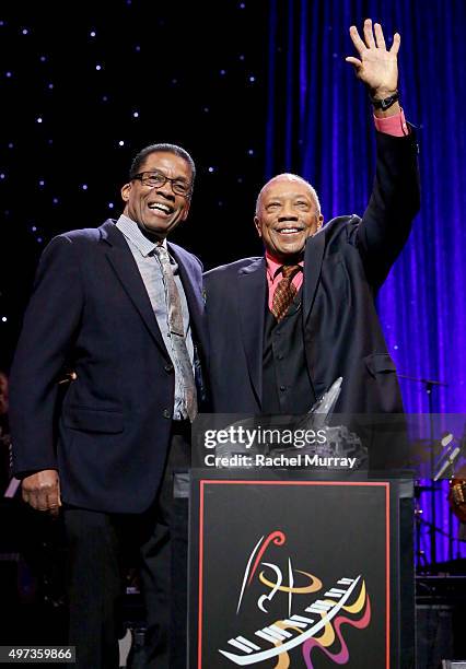 Herbie Hancock present the Herbie Hancock Humanitarian Award to Quincy Jones during the Thelonious Monk Institute International Jazz Vocals...