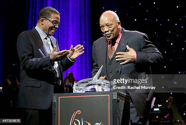 Herbie Hancock present the Herbie Hancock Humanitarian Award to Quincy Jones during the Thelonious Monk Institute International Jazz Vocals...