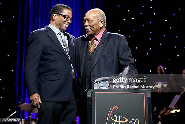 Herbie Hancock present the Herbie Hancock Humanitarian Award to Quincy Jones during the Thelonious Monk Institute International Jazz Vocals...