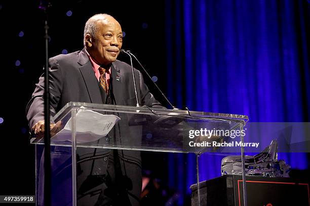 Herbie Hancock Humanitarian Award reciepient Quincy Jones speaks onstage during the Thelonious Monk Institute International Jazz Vocals Competition...