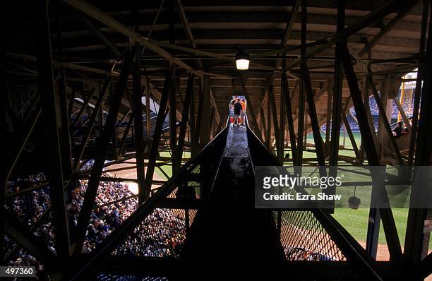 Wide view of the cat walk above the stands taken during the last game played at the Tiger Stadium against the Kansas City Royals in Detroit,...