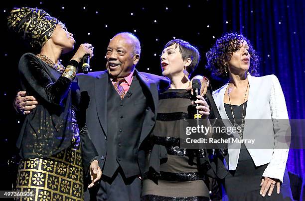 Jazz Vocals Competition winner Jazzmeia Horn, Herbie Hancock Humanitarian Award reciepient Quincy Jones, artist Gretchen Parlato, and Luciana Souza...