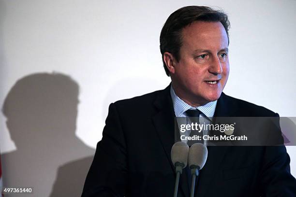 British Prime Minister David Cameron speaks to the media during a press conference on day two of the G20 Turkey Leaders Summit on November 16, 2015...