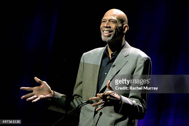 Dee Kareem Abdul-Jabbar speaks onstage during the Thelonious Monk Institute International Jazz Vocals Competition 2015 at Dolby Theatre on November...