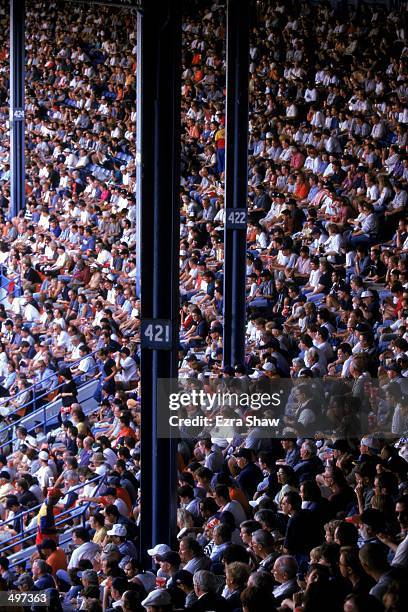 Wide view of the packed stands taken during the last game played at the Tiger Stadium against the Kansas City Royals in Detroit, Michigan. The Tigers...